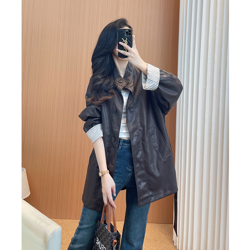 皮衣外套女款2025新款中长款抽绳收腰高级感超好看软皮长款机车服