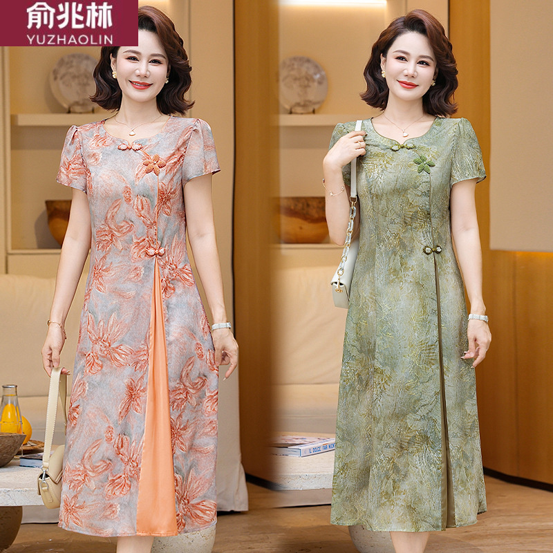 俞兆林2025夏季新款时尚印花休闲韩系花朵亚麻爆款短袖连衣裙女中