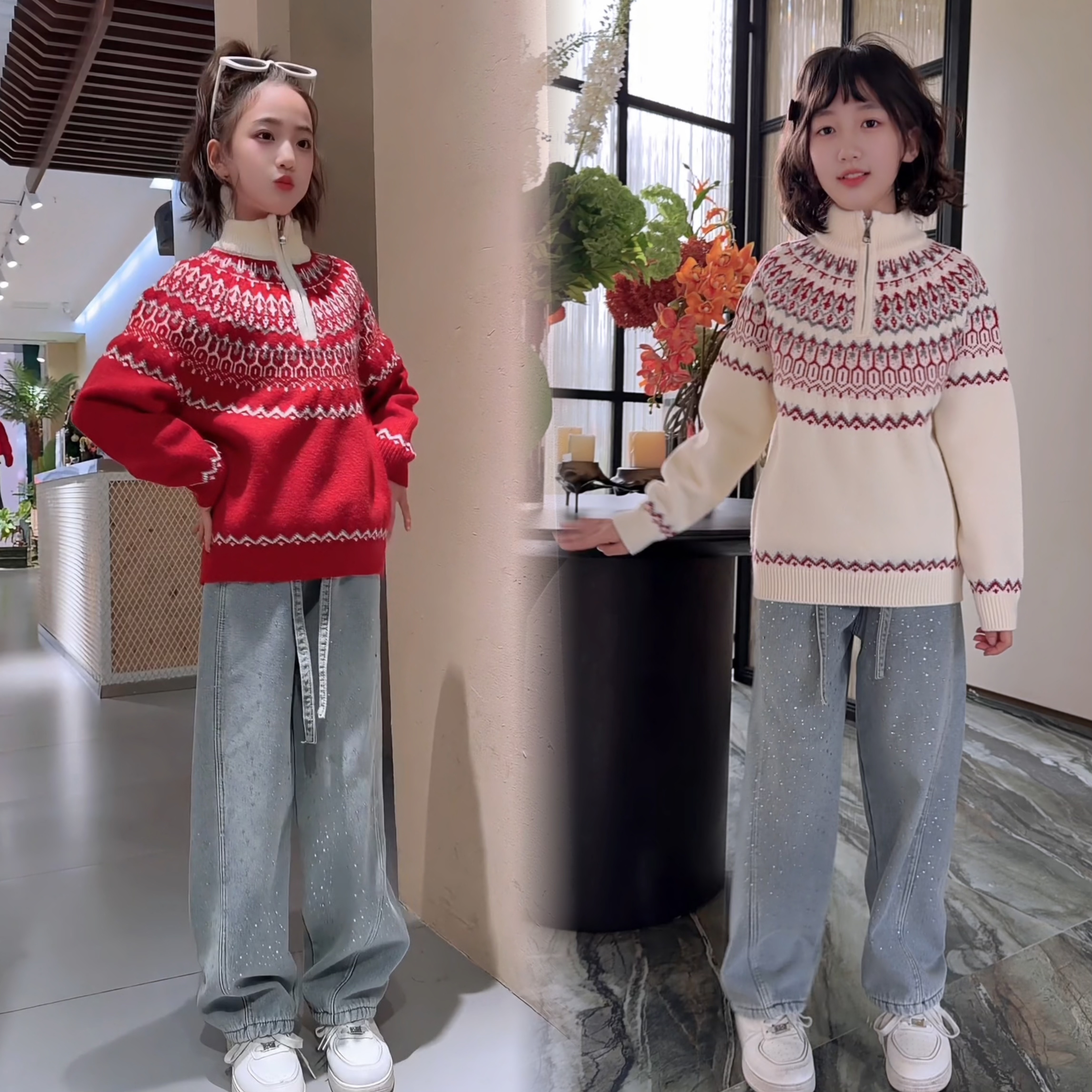 120-180码 女童秋冬费尔岛半高领拉链毛衣满天星钻韩版弯刀裤套装