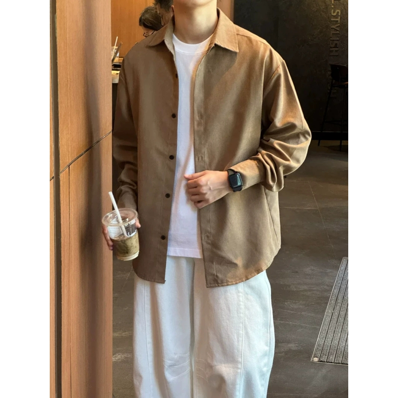 麂皮绒卡其色衬衫男秋季美式复古长袖衬衣通勤上班族穿搭叠穿外套