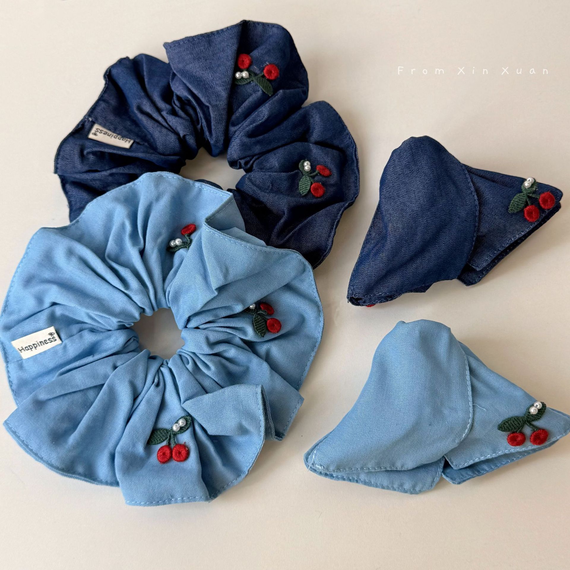 韩系刺绣红樱桃牛仔三角抓夹高级感复古盘发鲨鱼夹百搭发饰新款