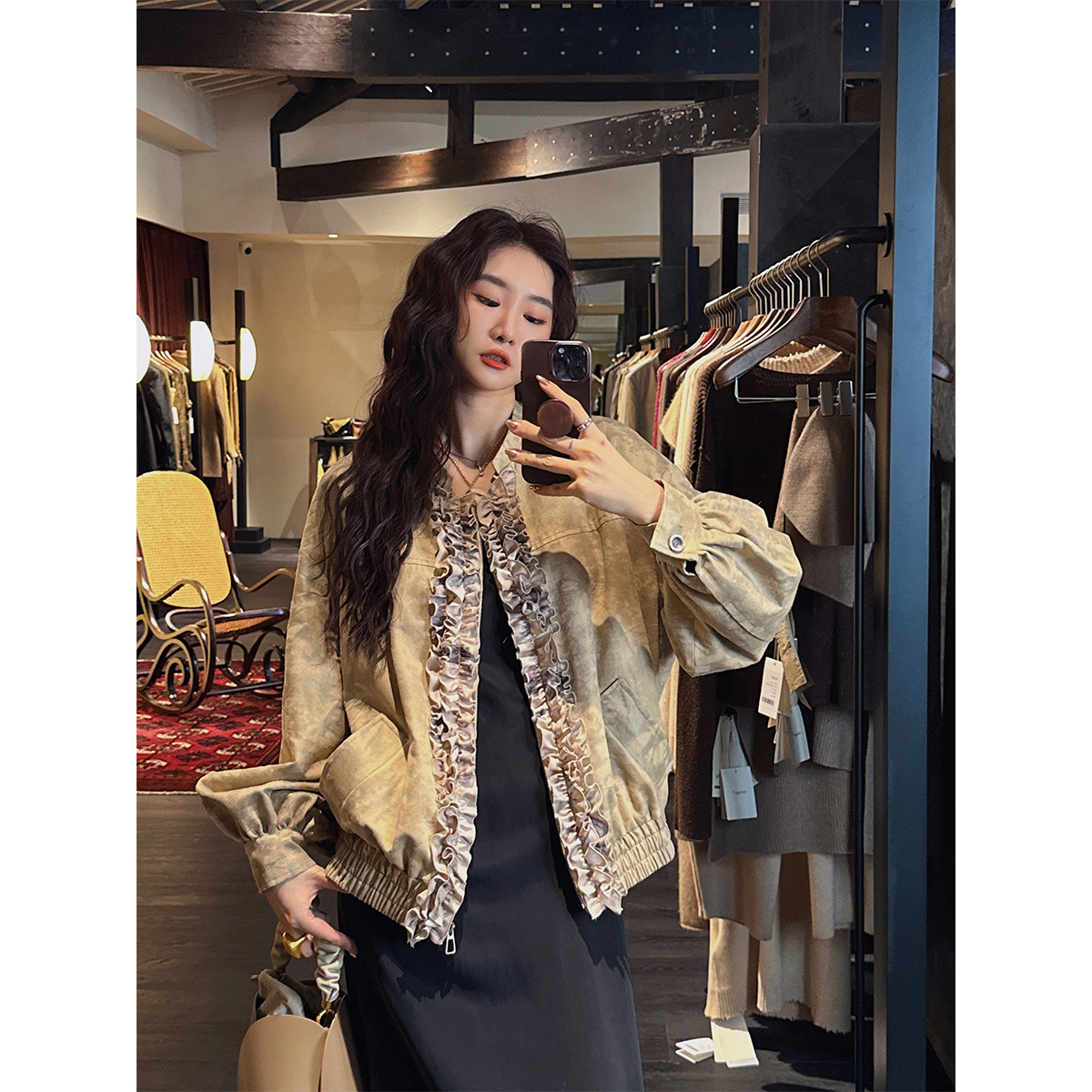 三吉黑花【不知春】外套女春季2025新款珠光晕染环保皮夹克