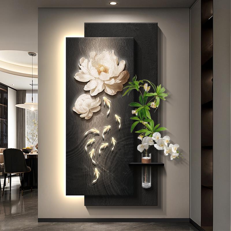 轻奢高级感九鱼图玄关装饰画入户正对门挂画水培绿植走廊过道壁画