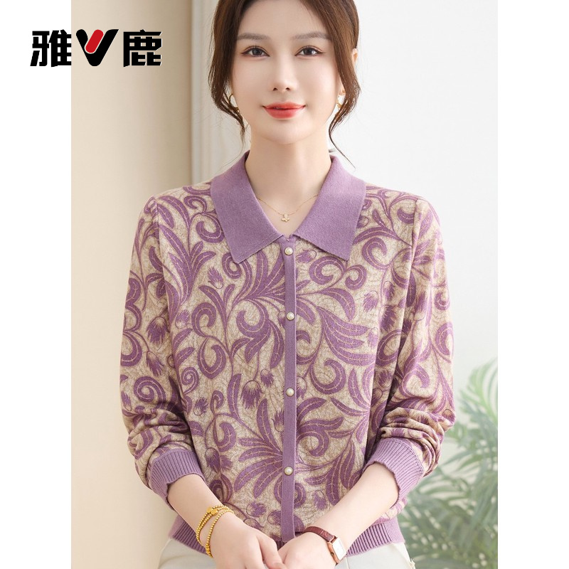 雅鹿优选春秋新款中老年女翻领恤小衫两件套洋气妈妈秋季针织棉打