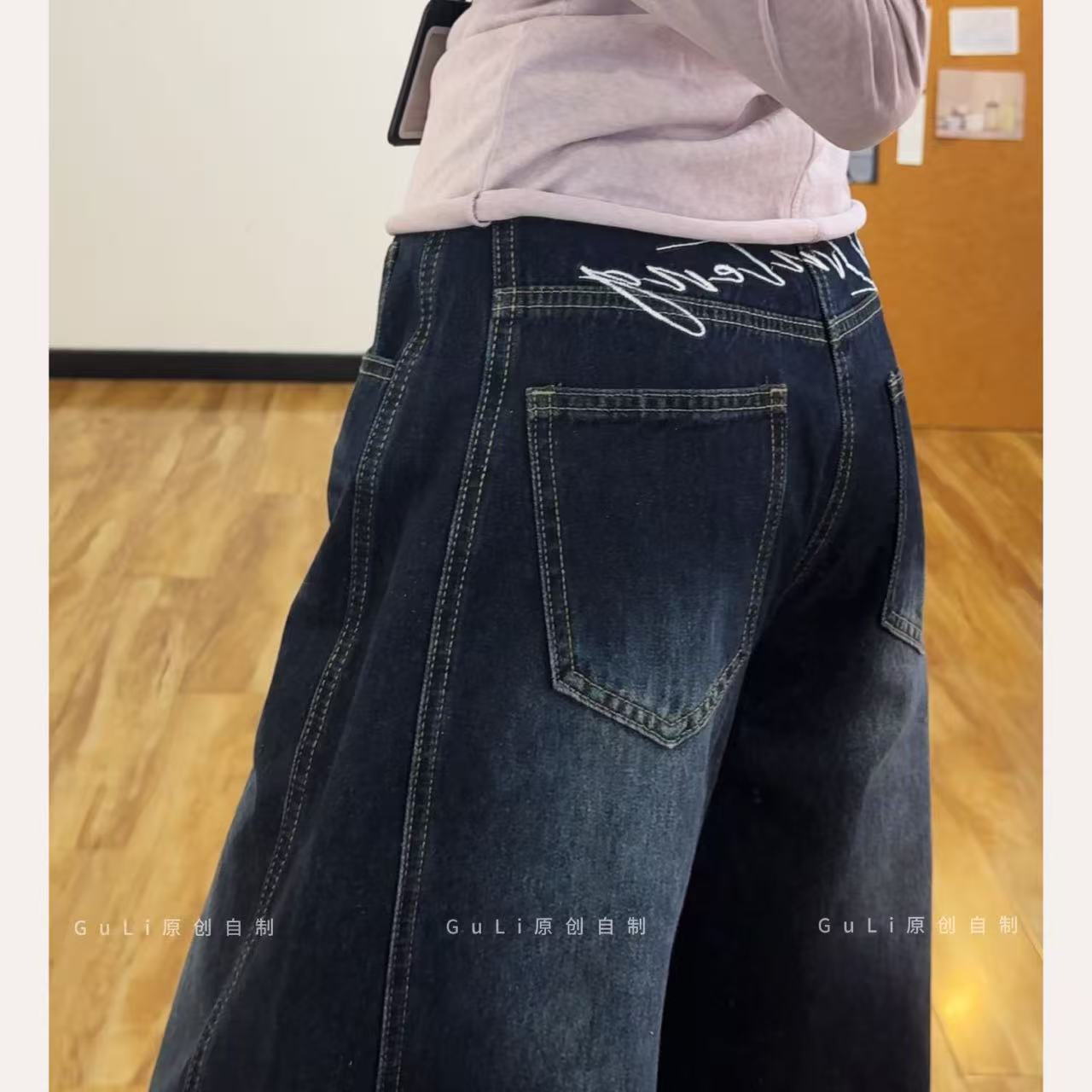 GL 美式刺绣情侣中性高腰水洗复古牛仔裤女士阔腿宽松慵懒蓝灰秋