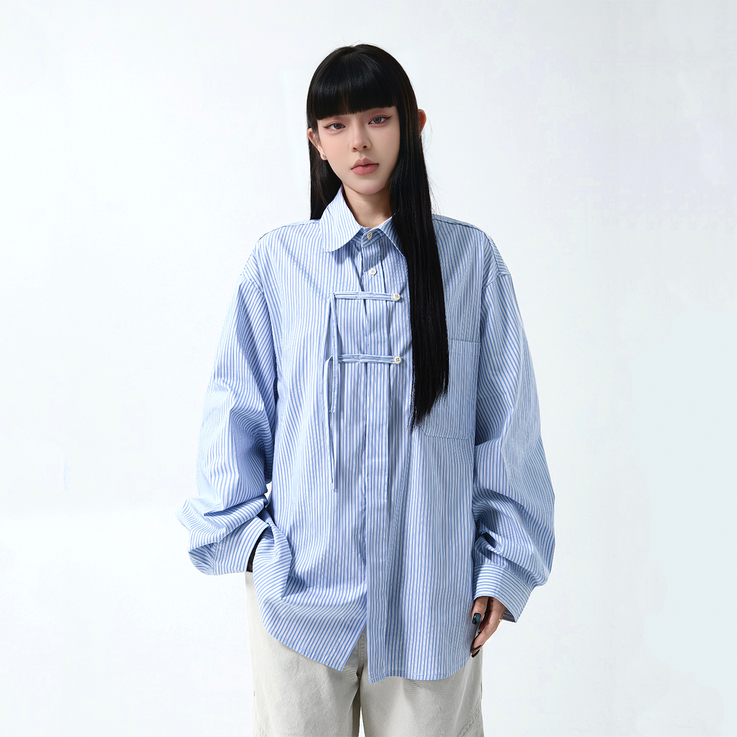 25SS秋季新款中式盘扣绑带设计竖条纹翻领宽松简约衬衫蓝色外套男