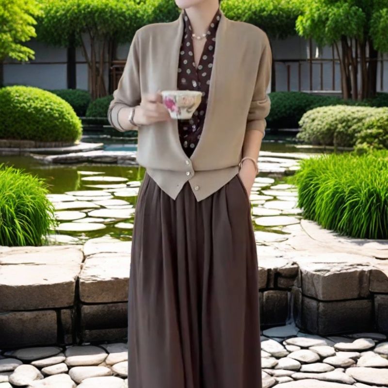 【轻奢套装】早秋款优雅轻奢波点假两件针织衫高腰显瘦半身裙 99494