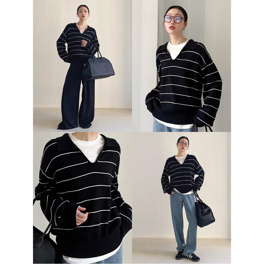 法式复古撞色条纹翻领针织衫女春秋新款撞色条纹简约百搭套头上衣