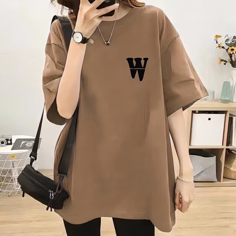 浅咖色宽松纯棉字母短袖T恤女长款2025夏季新款欧货潮牌大版上衣