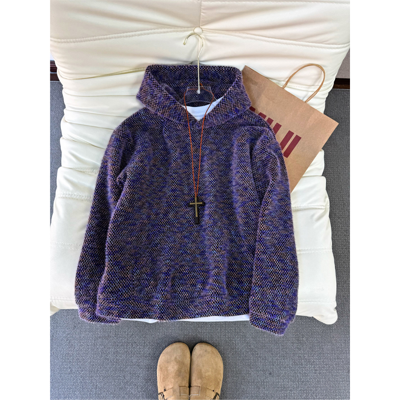 莫奈紫色小香风针织卫衣男女款冬季扎染连帽外套美式复古情侣上衣