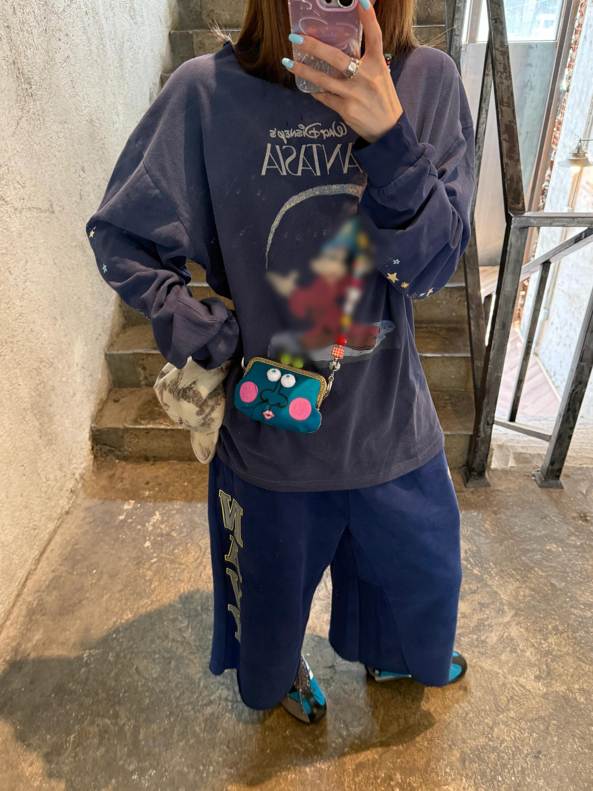 2025夏季新款藏蓝长袖T恤洗水做旧金粉细闪卡通印花上衣搭休闲裤