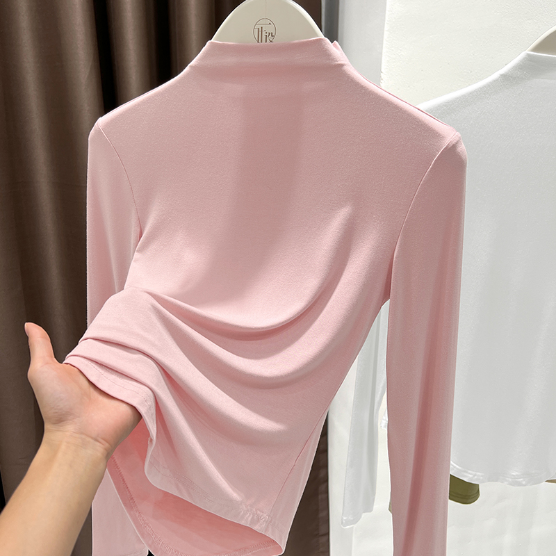 甜美粉色法式半高领长袖上衣女秋季时尚内搭爆款T恤高级感打底衫