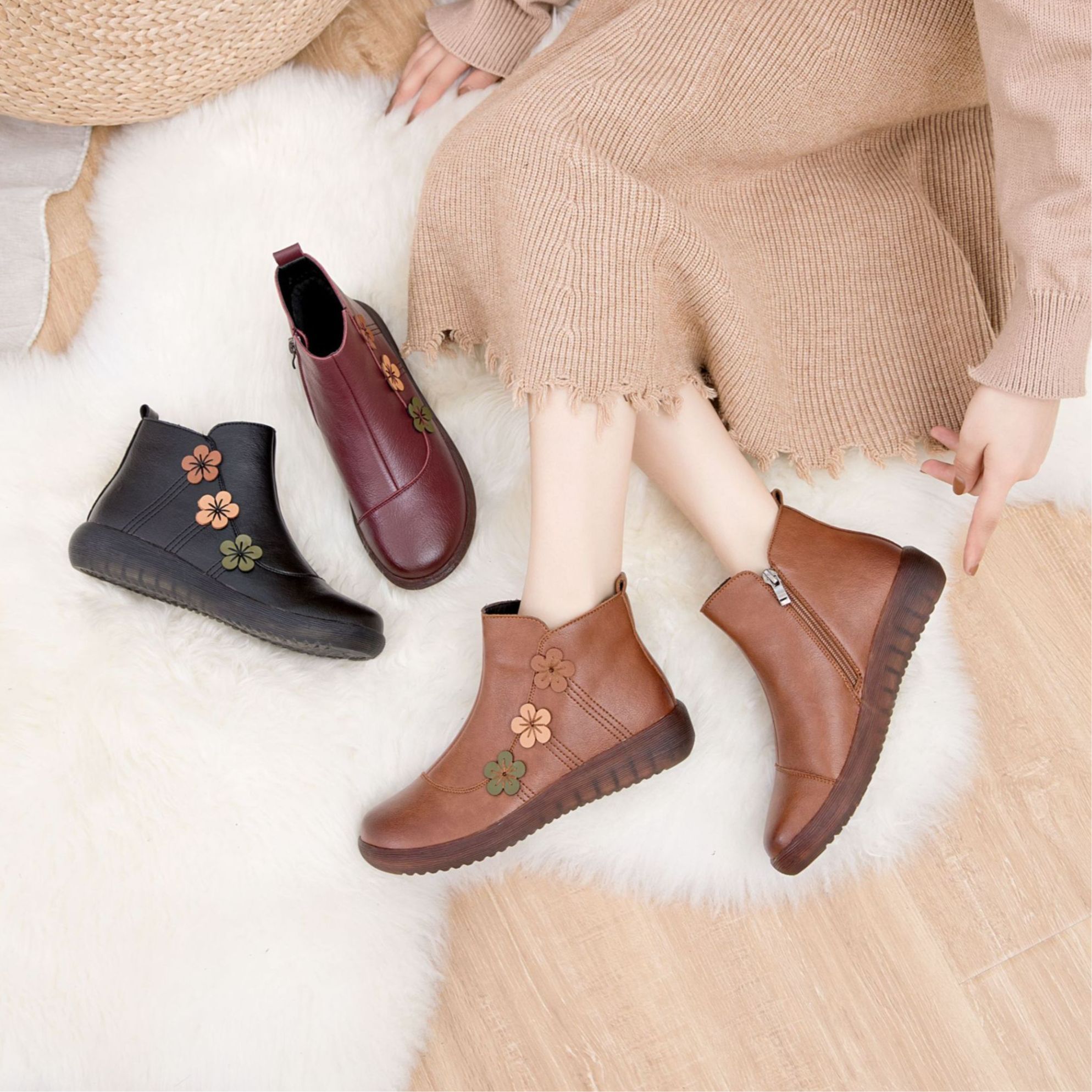 2786冬季软底加绒羊毛防滑保暖短靴大码复古百搭妈妈棉鞋中老年