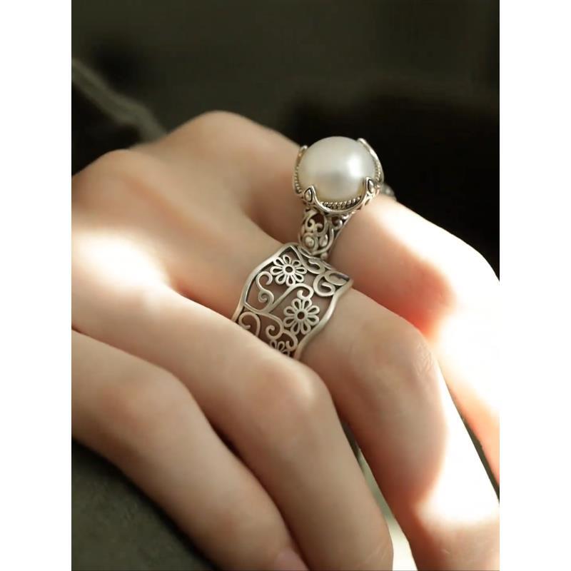 新中式珠珠雕花戒指原创设计指环时尚小众复古宫廷风格开口可调节