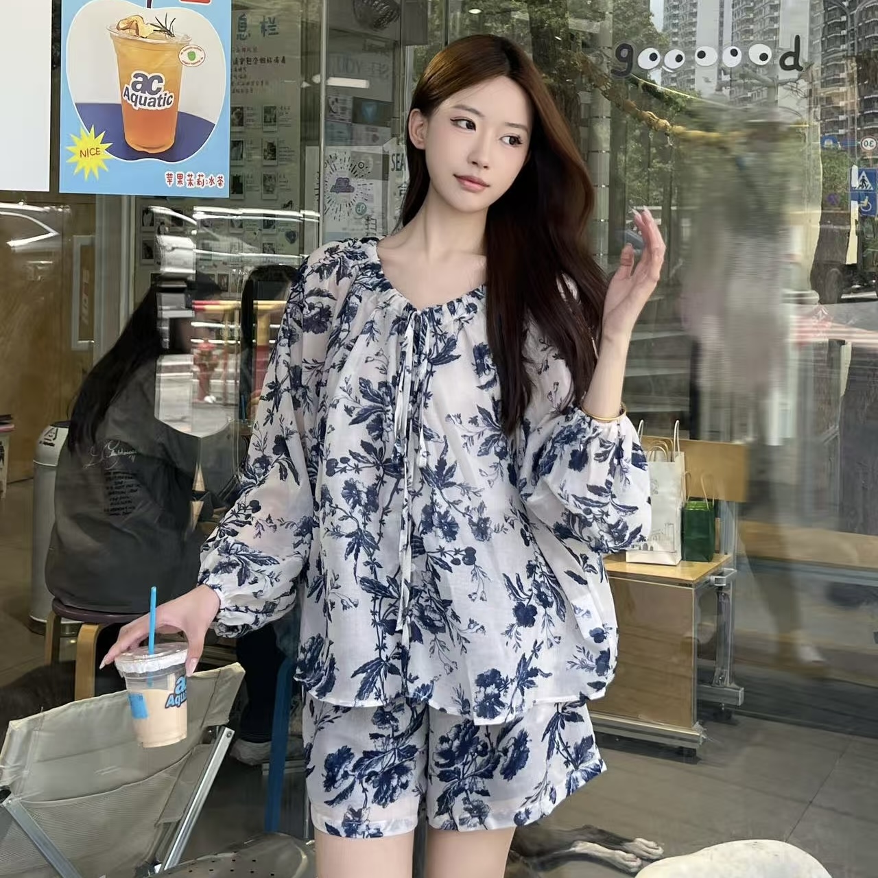 Cute Club 甜美青花瓷系带薄款防晒小衫女夏季宽松休闲短裤两件套