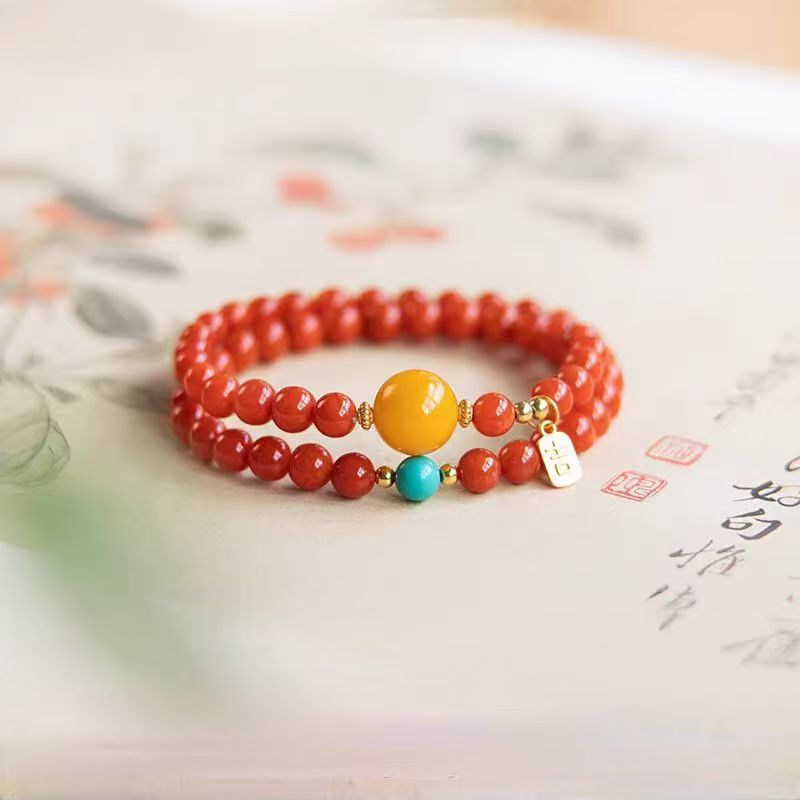 女王空间天然红玛瑙小米珠双圈手串绿松石玛瑙转运手链