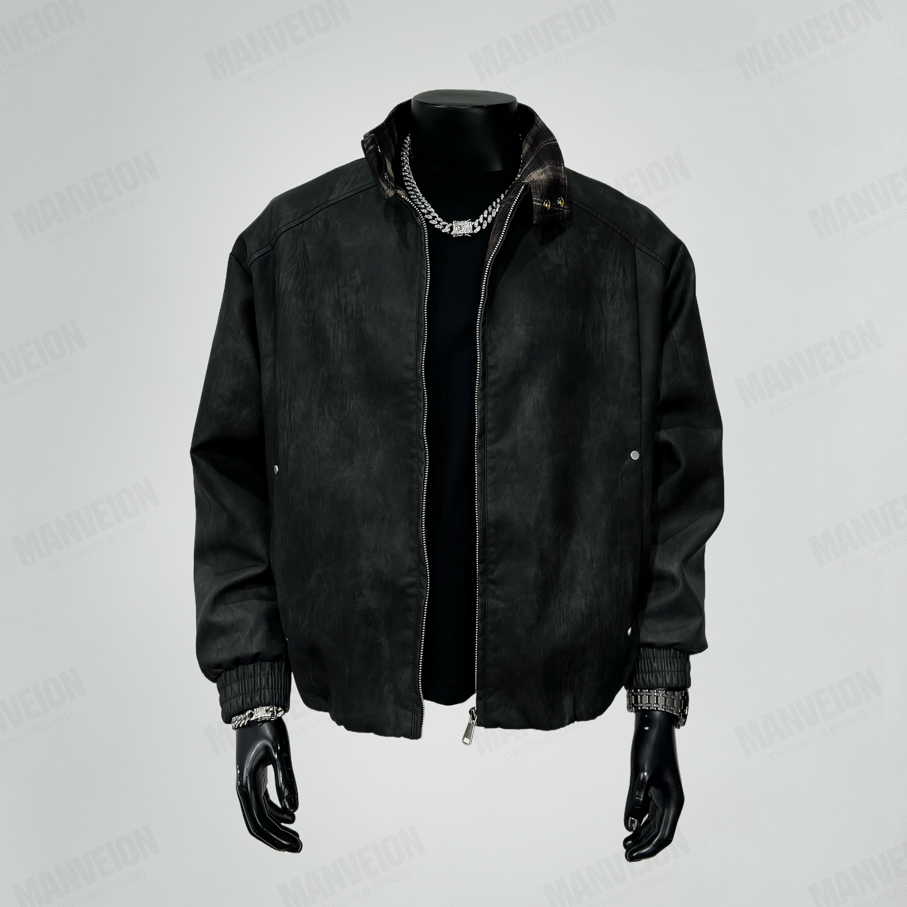 韩版皮衣cleanfit树纹肌理千鸟格外套高级感短款立领哈灵顿G9夹克