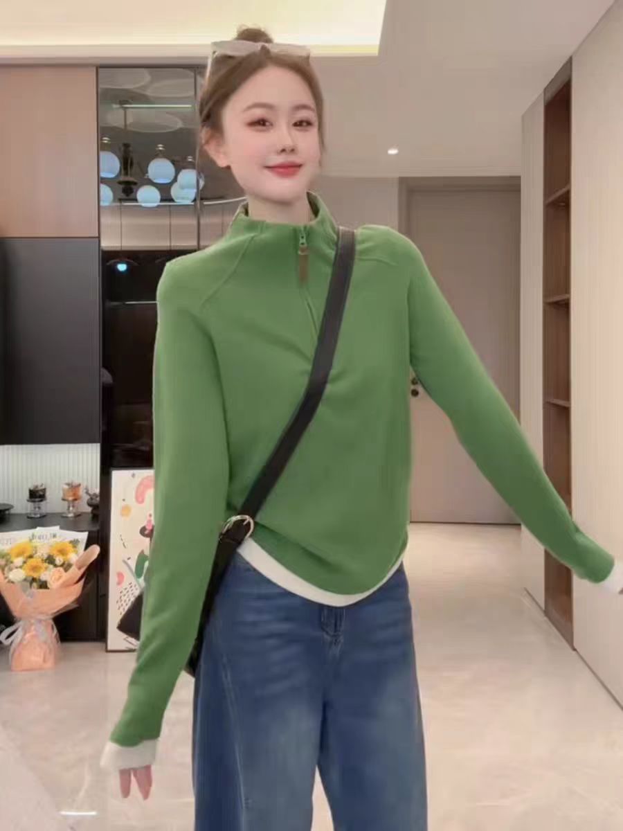 韩系时尚半拉链德绒拼色长袖卫衣女秋冬磨毛自发热大码打底衫上衣