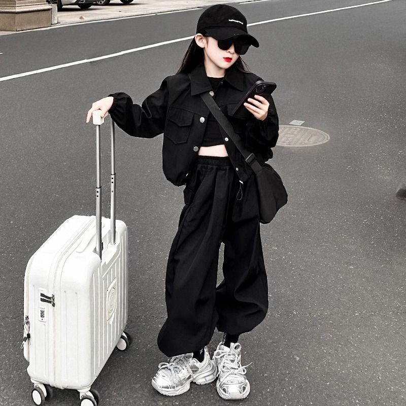 女童时髦套装2025秋季新款中大童洋气潮童装外套上衣工装裤两件套