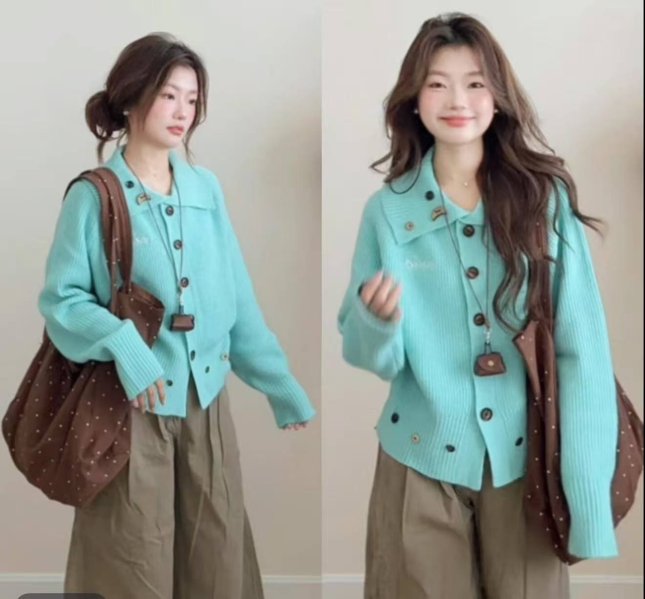 慵懒风蓝色翻领软糯毛衣外套女秋冬新款小个子宽松显瘦针织开衫潮