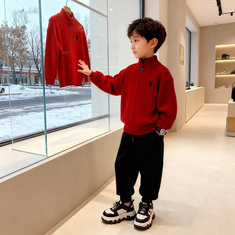 韩国绒不起球男女童秋冬新款针织开衫毛衣中大童拉链衫儿童打底衫