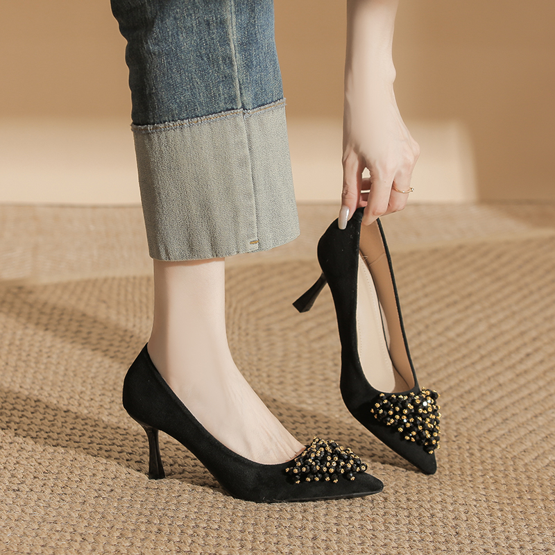 春秋尖头优雅气质细跟高跟鞋女时尚百搭高级黑色绒面浅口晚宴单鞋