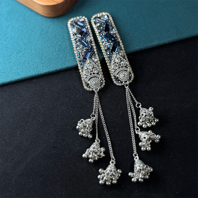 蓝色纯手工铃铛流苏发夹女复古刘海侧边夹民族风发卡气质BB夹头饰