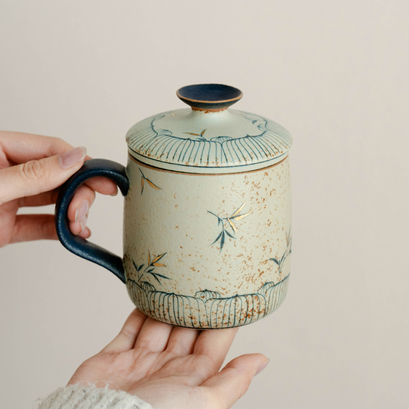 德白青花火石红马克杯创意纯手绘竹影泡茶杯茶水分离办公杯喝水杯