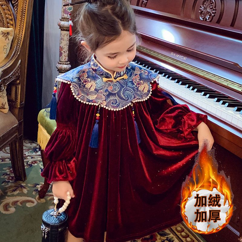 女童过年加绒裙2025冬装新款儿童时尚公主裙丝绒裙新中式汉服裙