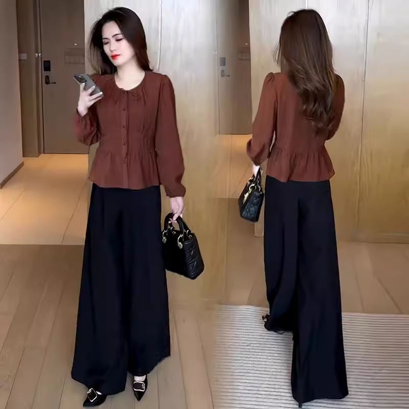 时尚洋气套装女2025春季新款小个子收腰显瘦衬衣阔腿裤显瘦两件套