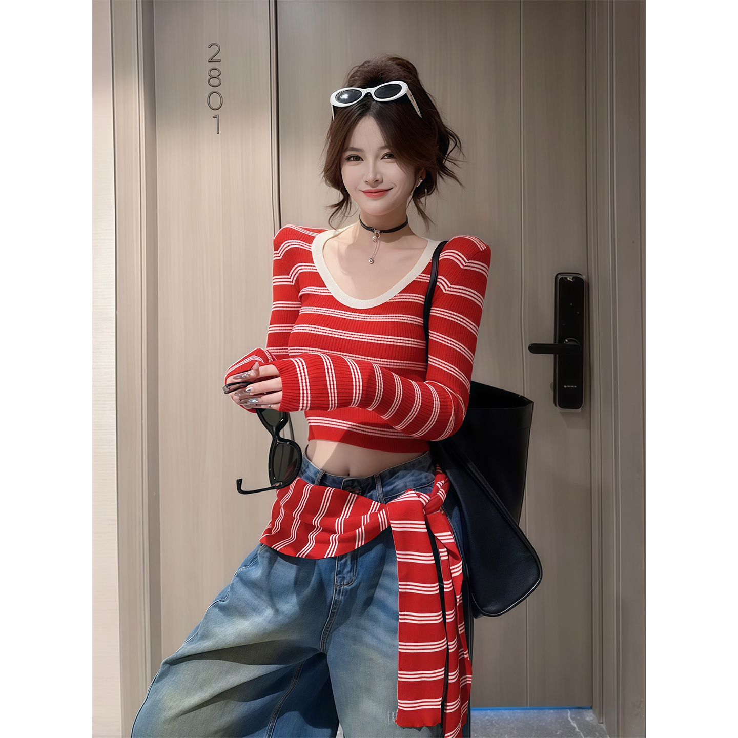 辣妹气质V领撞色条纹针织长袖上衣女早秋新款外搭披肩上衣两件套