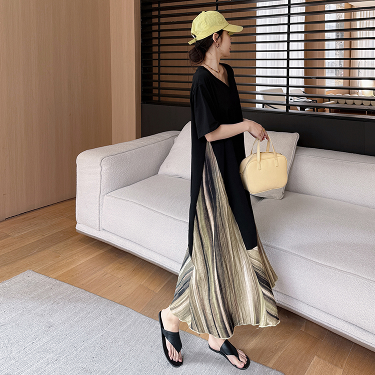 2025夏新款/长款大码拼天丝麻水墨印染高级感短袖连衣裙