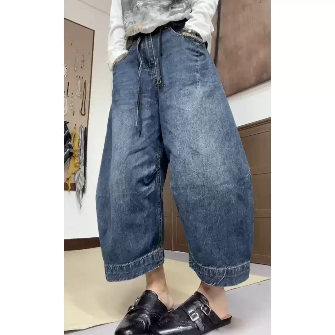 2025早秋新款韩系时髦百搭牛仔裤大码女装高腰宽松显瘦弯刀八分裤