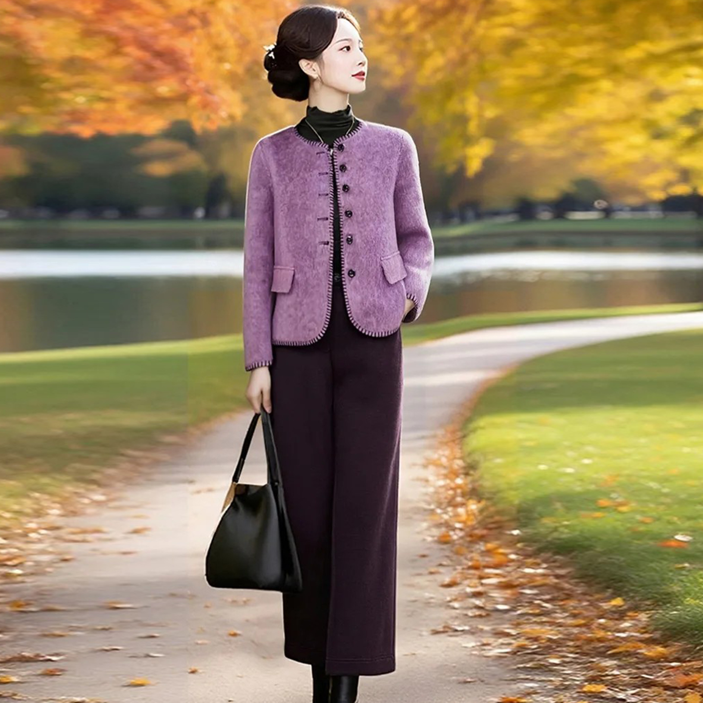 时尚复古加厚保暖外套女2025冬季新款洋气质优雅显瘦直筒裤两件套