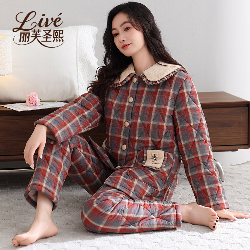 冬季梭织夹棉女士睡衣三层加厚保暖时尚格子家居服【穿零下5-10度】