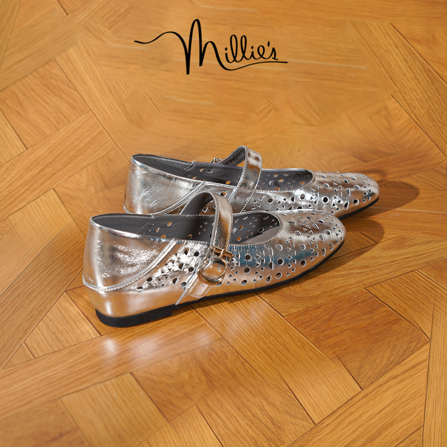 妙丽真皮镂空透气银色单鞋女2025夏季新款内增高不累脚玛丽珍女鞋