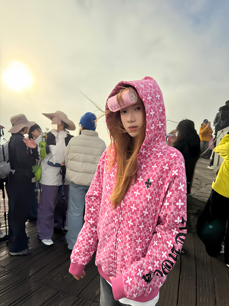 国潮牌美式高街哥特连帽卫衣女春秋新款oversize梵文满印外套开衫