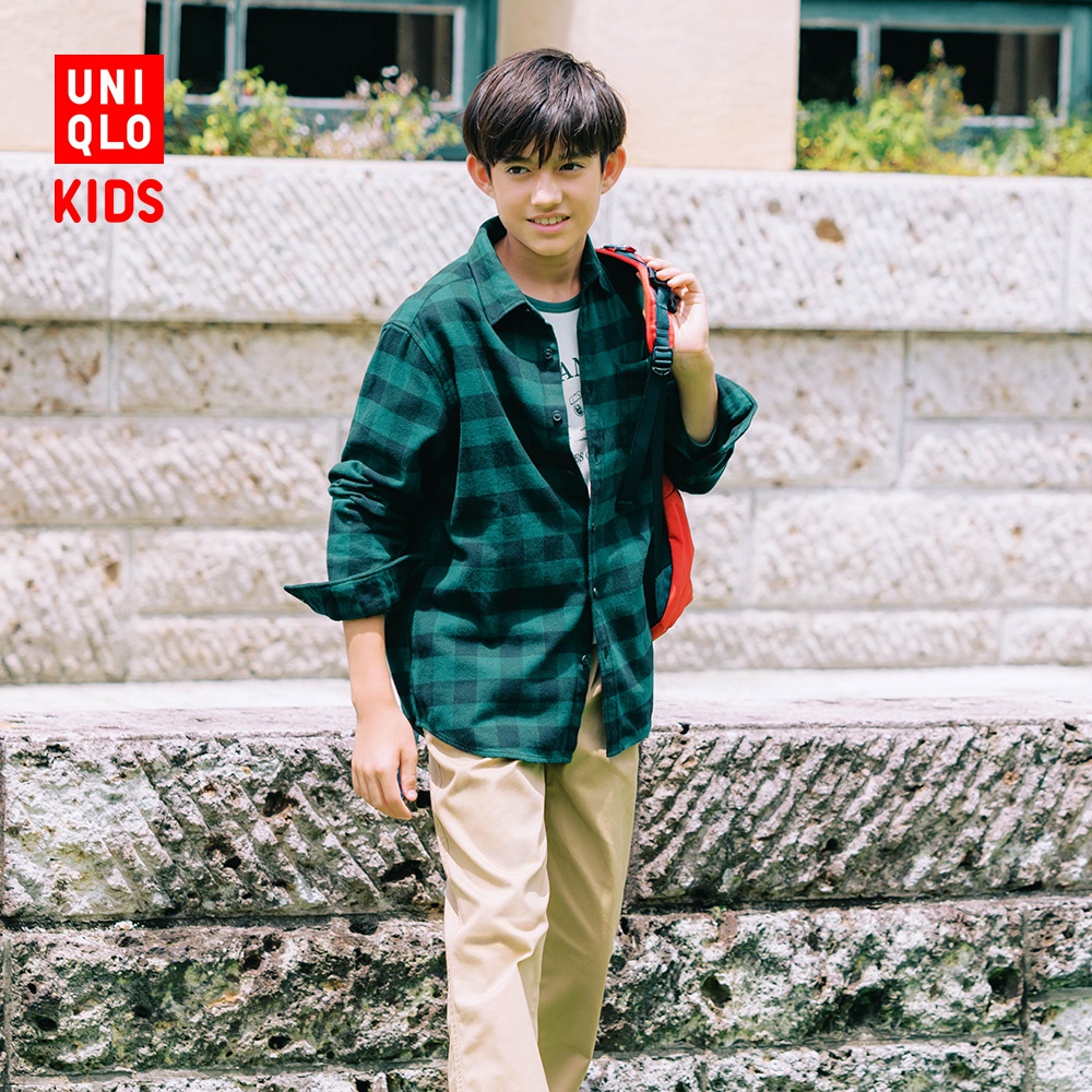 优衣库童装男童女童法兰绒格子衬衫长袖衬衣红色薄外套上衣482995