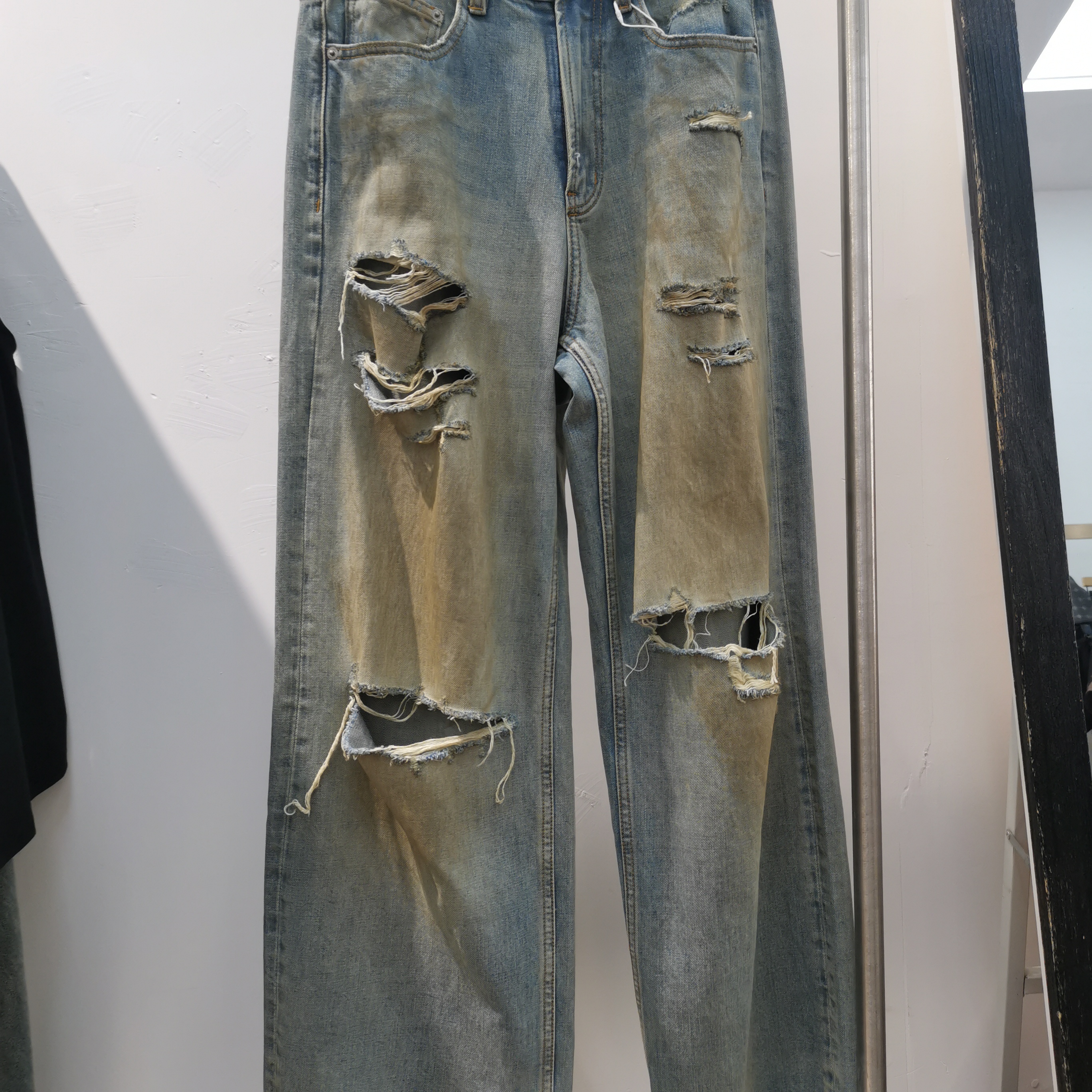 美式复古做旧破洞直筒牛仔裤男女夏季宽松显瘦设计感十足