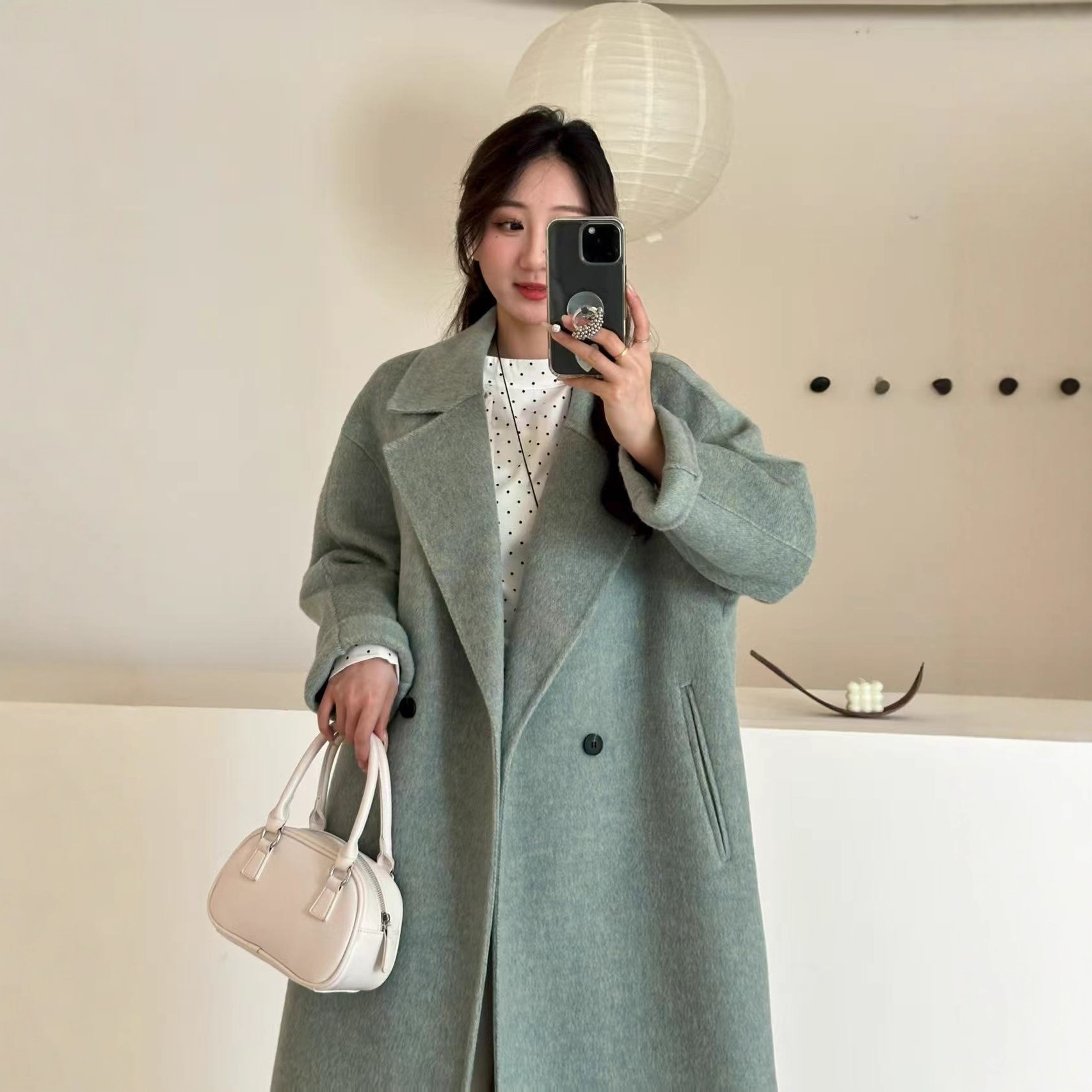 秋冬季时尚法式慵懒风双排扣翻领宽松廓形双长款羊毛大衣0248