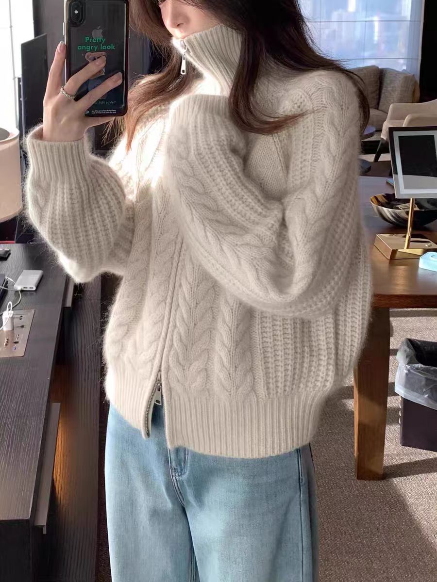 重磅欧货拉链100%羊毛开衫女秋冬插肩加厚高领麻花针织毛衣外套