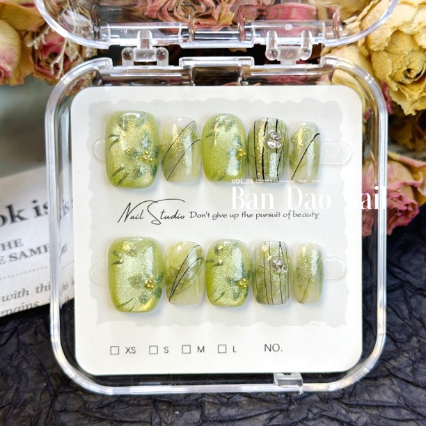 新短方16mm绿色晕染猫眼手绘花朵温柔纯手工穿戴甲美甲短款可拆卸