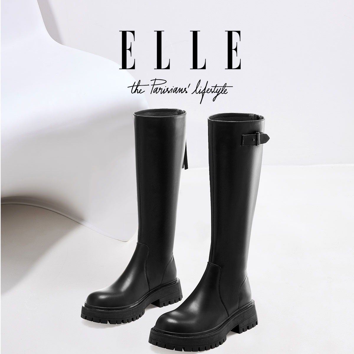 ELLE真皮大筒围粗跟长靴女加绒厚底不过膝长筒靴英伦风高筒骑士靴