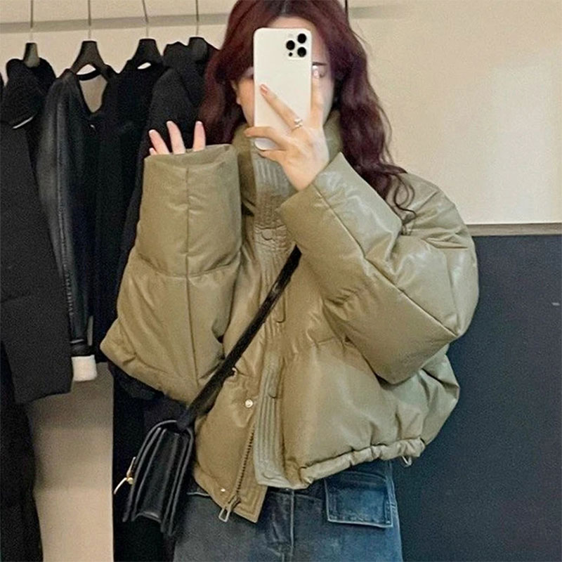超好看短款保暖棉服女2025冬季新款pu皮棉衣加厚面包服肯豆风棉袄