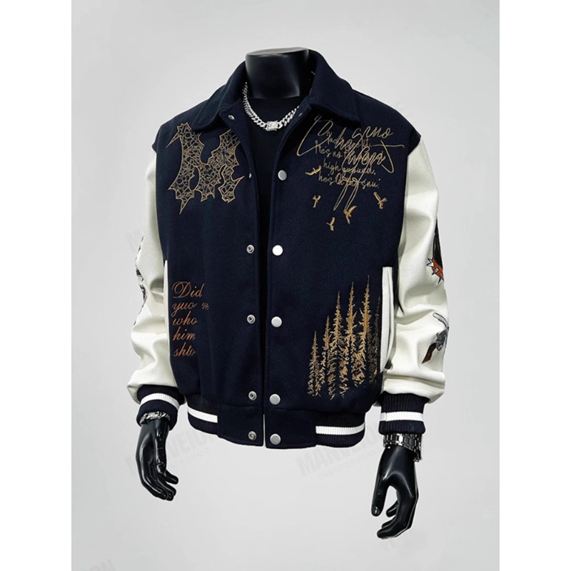 美式重工刺绣外套男款秋季潮牌飞行夹克pu皮拼接设计感翻领棒球服