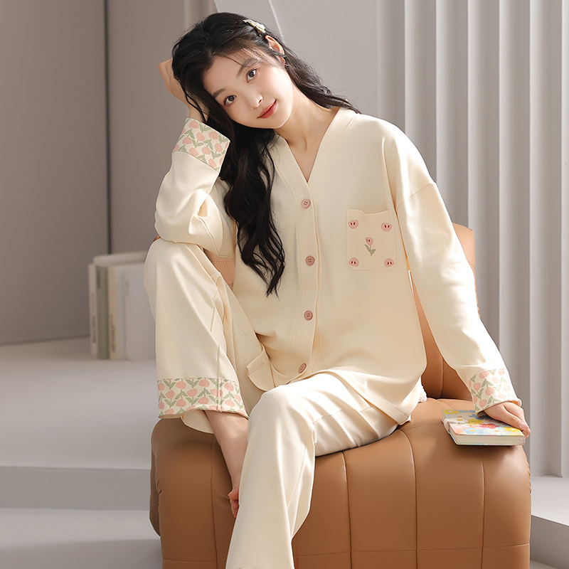 浪莎2026新款睡衣女士纯棉春秋款长袖开衫宽松甜美休闲全棉家居服