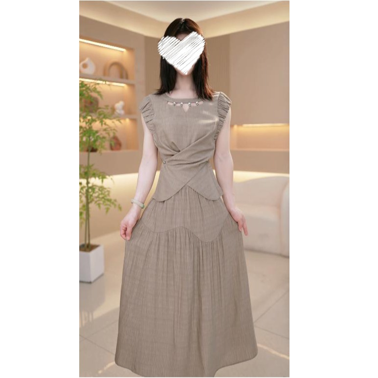 微胖大码遮肉修身大气简约夏季新款掐腰显瘦连衣裙套装两件套