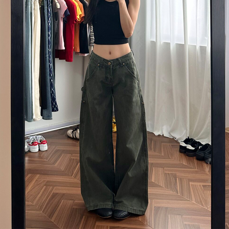 微胖mm美式复古水洗宽松工装裤女夏秋新款高腰显瘦休闲拖地牛仔裤