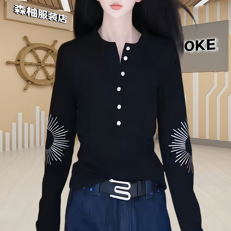 小众高级感简约烫钻长袖T恤2025新款洋气纽扣修身显瘦德绒上衣