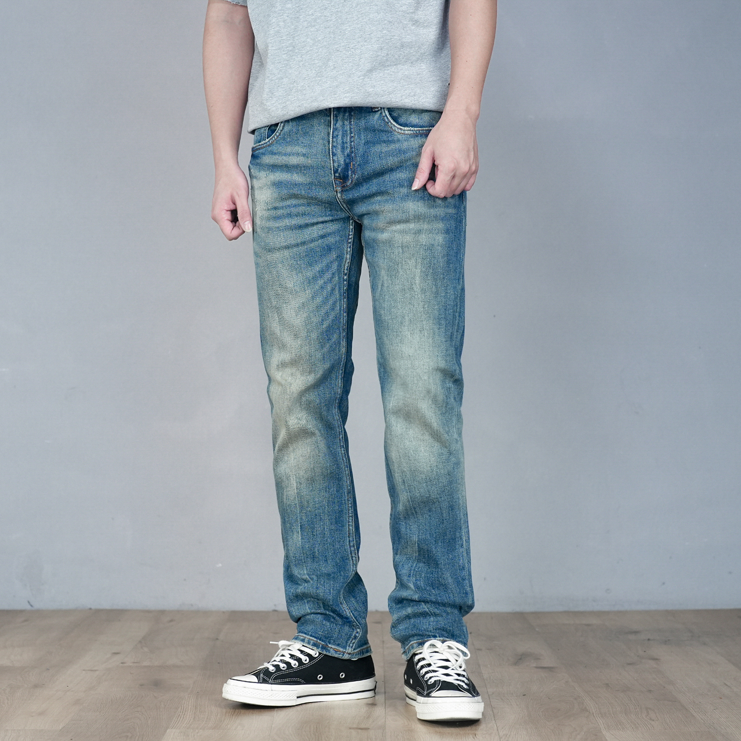DIPAI/底牌【修身小直筒】13盎司秋冬怀旧复古扎花水洗蓝色牛仔裤男